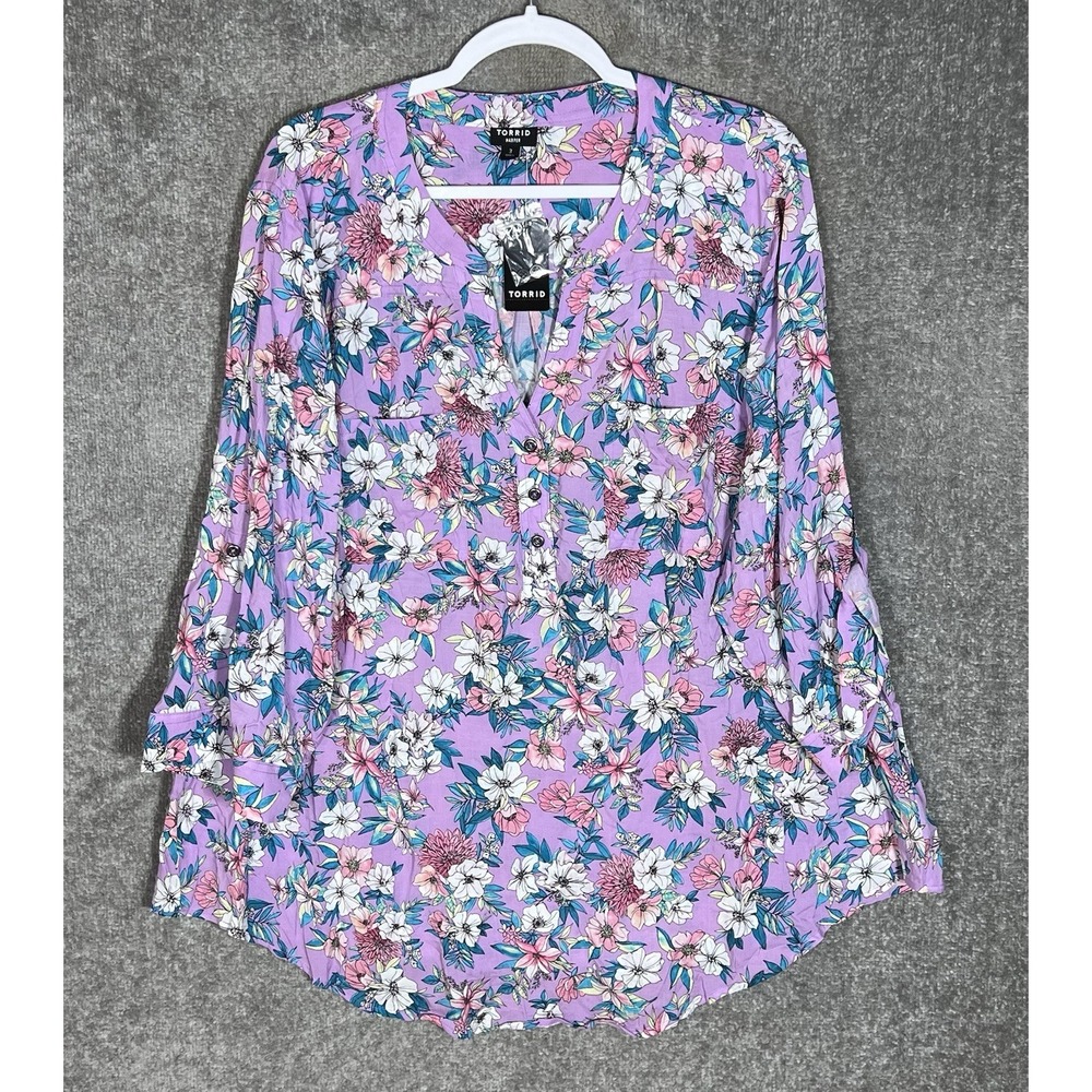 Torrid Harper Purple Floral Top Womens Sz 3X Rayon Chest Pockets Roll Tab New